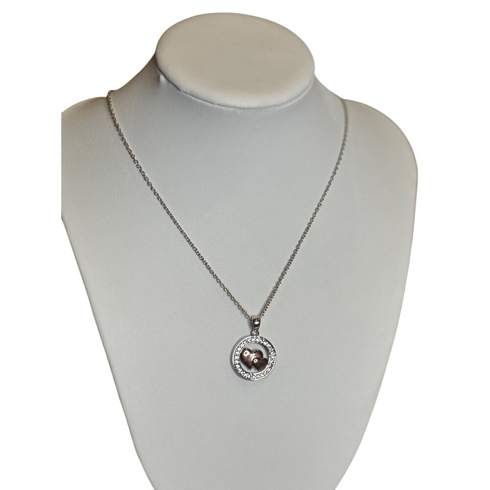 Fine Silver Plated Heart Pendant Necklace With Two-Tone Design & Crystal Accents